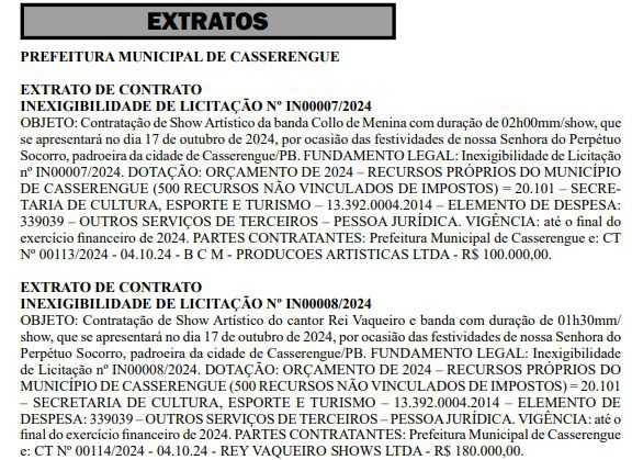 Extratos de contratos da Prefeitura de Casserengue, publicados no DOE.