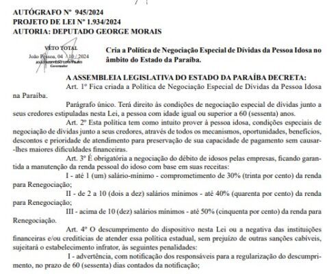Lei que cria Política de Negociação Especial de Dívidas da Pessoa Idosa na Paraíba entra em vigor a partir de hoje