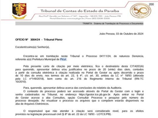 TCE-PB dá 20 dias para o prefeito de Picuí justificar gasto de mais de R$ 1,3 milhão com terceirização irregular