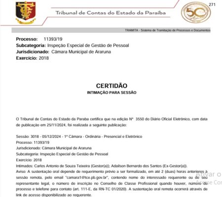 TCE intima prefeito e ex-prefeito de Araruna para explicar casos de acumulação ilegal de cargos públicos