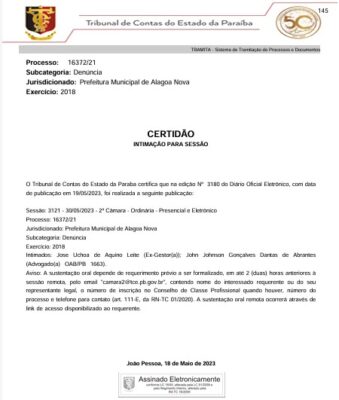 TCE intima ex-prefeito de Alagoa Nova para explicar pagamento de salários acima do teto legal aos secretários municipais