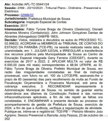 TCE multa Prefeitura de Sousa por transferência irregular de R$ 416 mil reais para instituição filantrópica