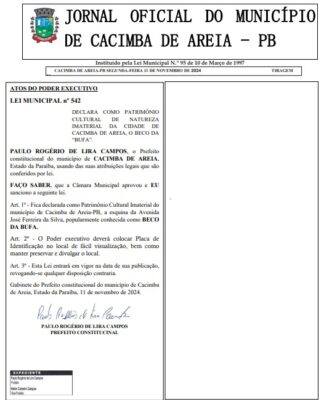 Cacimba de Areia torna "Beco da Bufa" patrimônio cultural imaterial do município