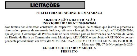 Prefeitura de Mataraca contrata show da banda Cavaleiros do Forró por R$ 150 mil