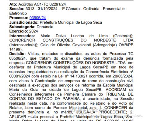 TCE multa prefeita de Lagoa Seca por irregularidade em licitação para reforma de escola