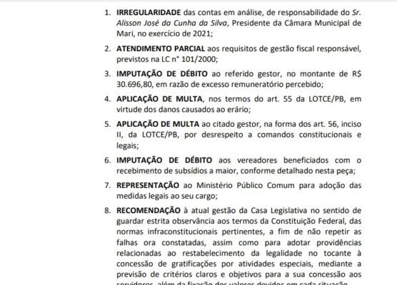 TCE multa presidente da Câmara de Mari e determina devolução de mais de R$ 30 mil por remuneração acima do limite legal