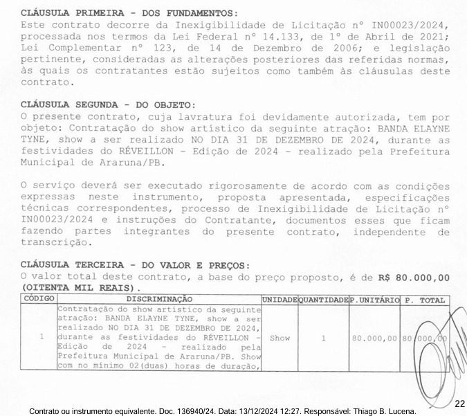 Contrato do show de Elayne Tyne, (foto: reprodução/TCE-PB) Araruna