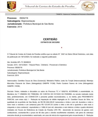 Ex-prefeito de São Bento terá que ressarcir mais de R$ 130 mil aos cofres públicos por gastos excessivos por combustíveis