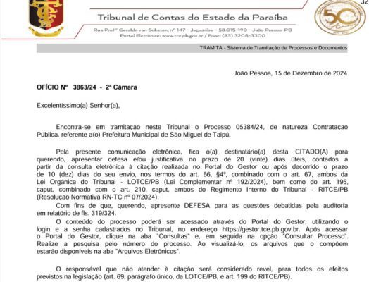 TCE cobra explicação ao prefeito de São Miguel de Taipu sobre contratação de empresa para gerir folha por mais de R$ 164 mil