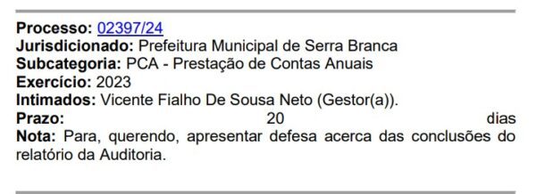 TCE intima prefeito de Serra Branca para explicar aumento de 328% no gasto com festividades enquanto cidade estava em situação de emergência