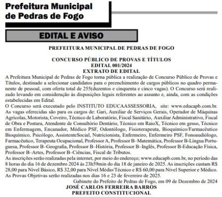 Prefeitura de Pedras de Fogo anuncia concurso público com 255 vagas
