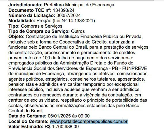 Prefeitura de Esperança lança licitação para vender folha de pagamento por mais de R$ 1.7 milhão