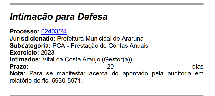 Prefeito de Araruna tem 20 dias para explicar gastos ao TCE