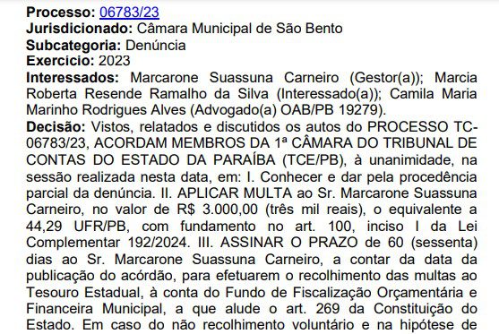 TCE multa presidente da Câmara Municipal de São Bento