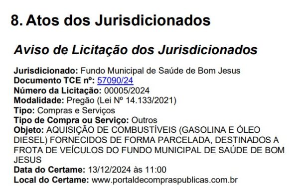 Com pouco mais de 2 mil habitantes, cidade de Bom Jesus lança licitação para comprar 150 mil litros de combustível