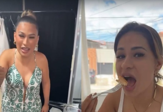 Simone Mendes elogia e "se esbalda" em galinha caipira servida no camarim em Uiraúna, na Paraíba: "muito gostosa" simone mendes