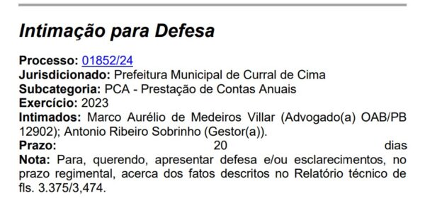 Prefeitura de Curral de Cima tem 20 dias para explicar ao TCE pagamento de R$ 834 mil em gratificações sem previsão legal