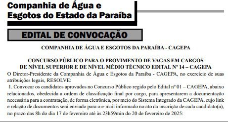 convocação aprovados cagepa