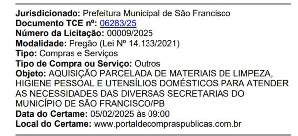 São Francisco lança edital para gastar mais de R$ 473 mil em material de limpeza