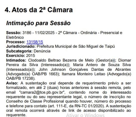 Ex-prefeito de São Miguel de Taipu tem 15 dias para esclarecer ao TCE denúncia de nepotismo na sua gestão