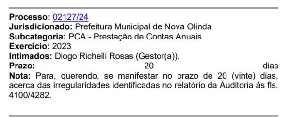 TCE intima prefeito de Nova Olinda para explicar gasto de mais de R$ 1,2 milhão com festas durante situação de emergência