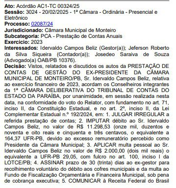 TCE reprova contas da Câmara Municipal de Monteiro e multa ex-presidente da Mesa diretora em mais de R$ 11 mil