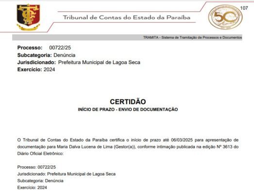 Prefeitura de Lagoa Seca tem 5 dias para explicar ao TCE possíveis irregularidades na concessão de auxílios financeiros durante eleição de 2024