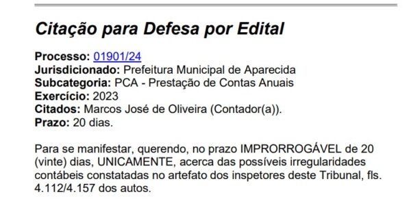 TCE dá 20 dias ao prefeito de Aparecida para explicar aumento de 86% nas despesa com combustíveis e lubrificantes e outras irregularidades