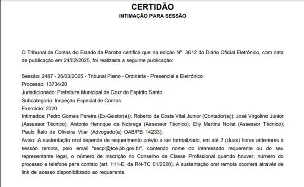 Ex-prefeito de Cruz do Espírito Santo vai a julgamento no TCE por irregularidade em despesas de R$ 1.6 milhão com limpeza urbana e banda musical