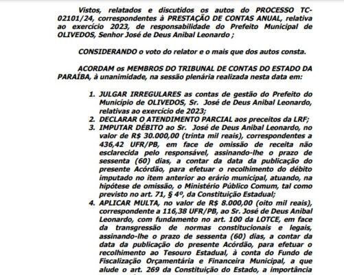 Ex-prefeito de Olivedos tem que devolver R$ 30 mil aos cofres públicos por omitir verba recebida do Governo Federal