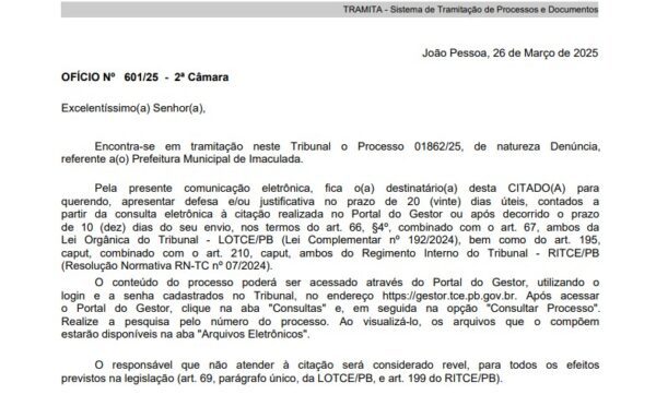 Prefeito de Imaculada tem 20 dias para explicar ao TCE supostas irregularidades em contratação de serviço de limpeza urbana