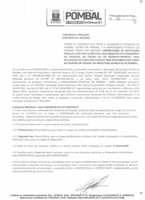 Detalhes do contrato do concurso da Prefeitura de Pombal. (foto: reprodução/Tramita/TCE-PB)