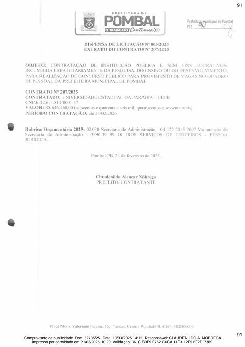 Detalhes do contrato do concurso da Prefeitura de Pombal. (foto: reprodução/Tramita/TCE-PB)