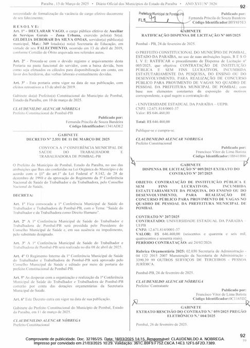 Detalhes do contrato do concurso da Prefeitura de Pombal. (foto: reprodução/Tramita/TCE-PB)