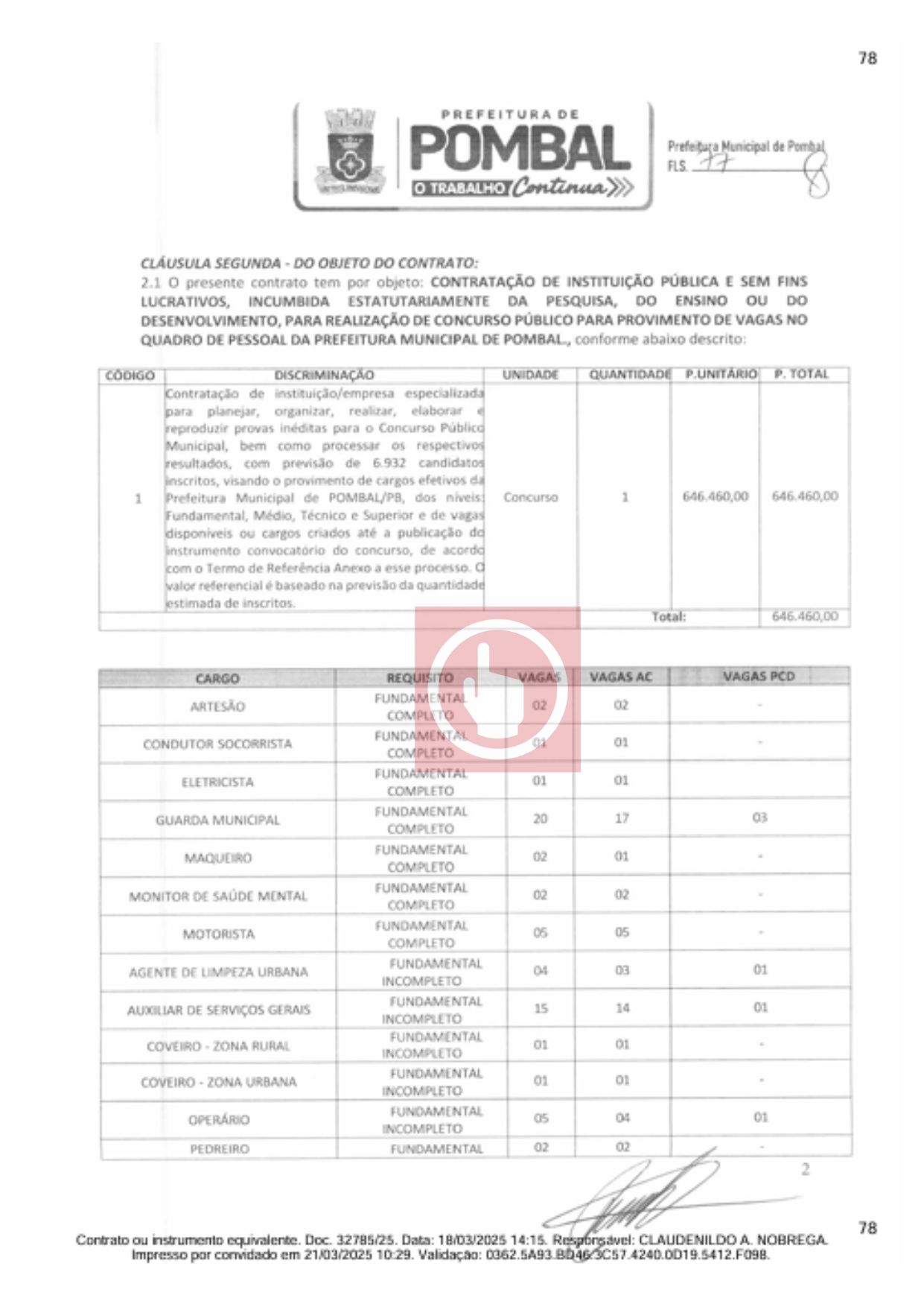 Detalhes das vagas do concurso da Prefeitura Municipal de Pombal. (foto: reprodução/Tramita/TCE-PB)