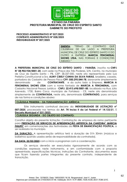 Contrato de Márcia Fellipe. (foto: reprodução/Tramita/TCE-PB)