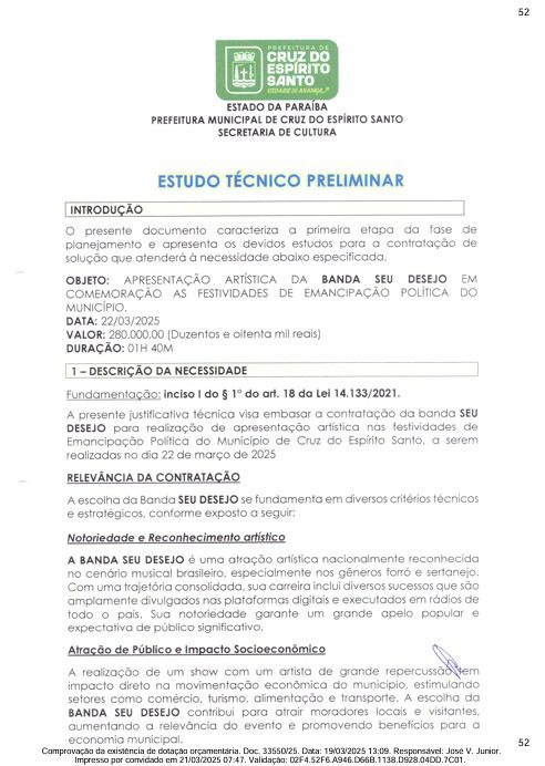 Detalhes do contrato da banda Seu Desejo. (foto: reprodução/Tramita/TCE-PB)