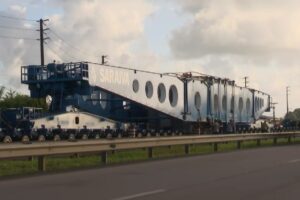 Novo transformador 'gigante' de energia eólica já está no porto de Suape e transporte para a Paraíba pode iniciar em maio Carreta está hoje (20) em trecho da BR-230, em Santa Rita. (foto: reprodução/TV Cabo Branco) transformador