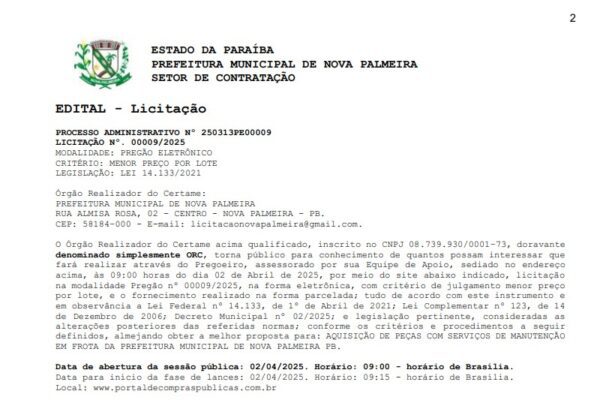 Nova Palmeira lança edital de licitação de mais de R$ 2 milhões para comprar peças automotivas