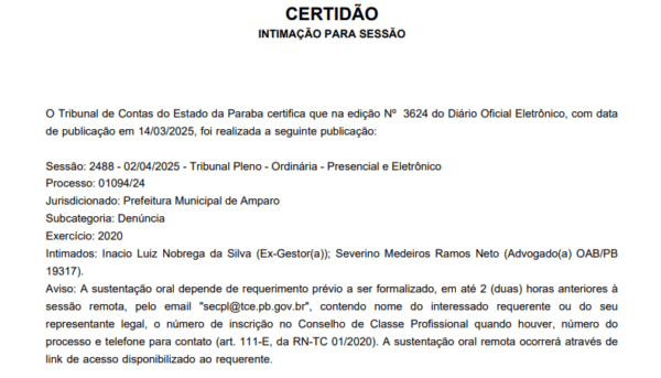 TCE dá prazo ao ex-prefeito de Amparo para apresentar provas de gasto de R$ 6.947 em material de construção