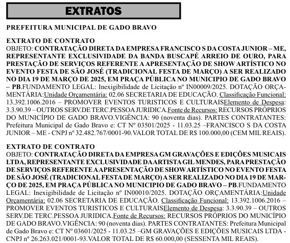 Extratos dos contratos dos shows, publicados no DOE desta quarta-feira (12). (foto: reprodução/DOE)