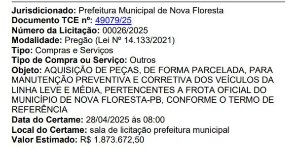 objeto descrito no edital é "aquisição de peças