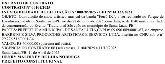 Santa Luzia desembolsa mais R$ 640 mil com shows para o São João; gastos ultrapassam 4,9 milhões