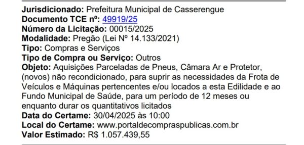 Prefeitura de Casserengue deve gastar mais de R$ 1 milhão em pneus e câmaras de ar