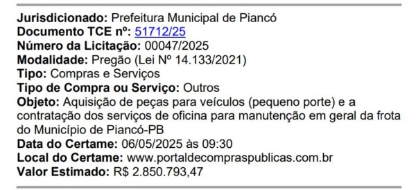 Piancó lança licitação de mais de R$ 2 milhões para compra de peças para veículos de pequeno porte