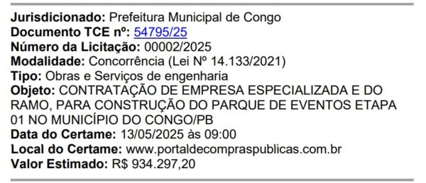 município do Congo vai gastar mais de R$ 900 mil para construir parque de eventos