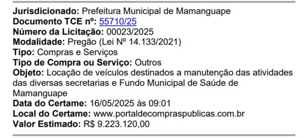 Prefeitura de Mamanguape deve gastar mais de R$ 9 milhões em aluguel de veículos