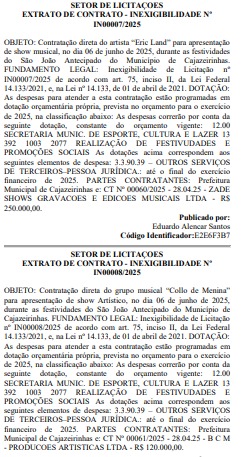 Prefeitura de Cajazeirinhas contrata shows de Eric Land e Collo de Menina por R$ 360 mil