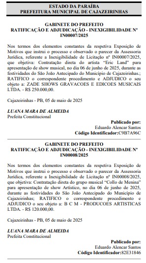 Prefeitura de Cajazeirinhas contrata shows de Eric Land e Collo de Menina por R$ 360 mil