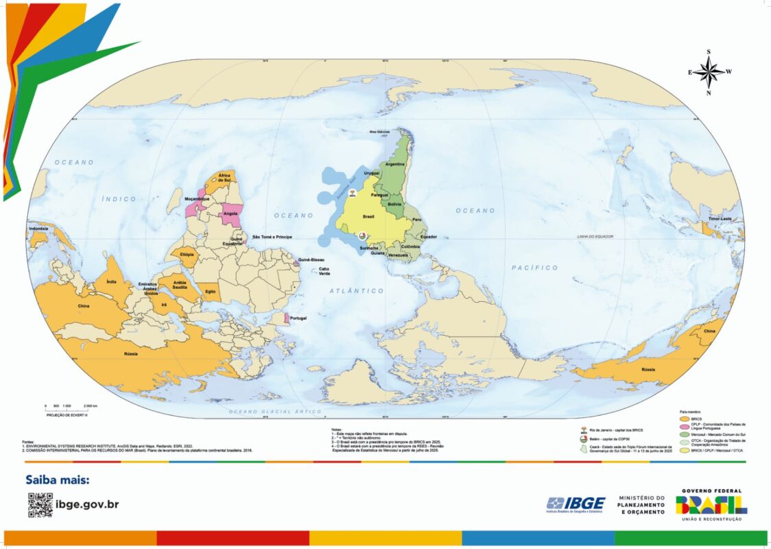 IBGE lança versão do mapa-múndi invertido e com Brasil no centro IBGE lança versão do mapa-múndi invertido e com Brasil no centro